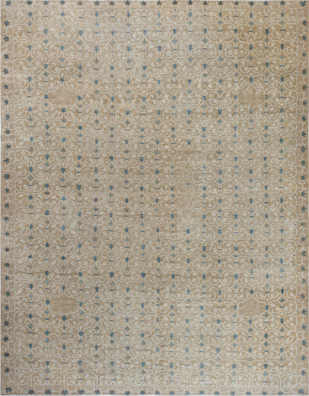 Vintage Abstract Botanic Chinese Blue, Beige, Ivory Handmade Wool Rug BB7581