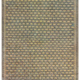 Chinese Vintage Geometric Warm Tan With Navy Blue Hand-Knotted Wool Rug BB8469