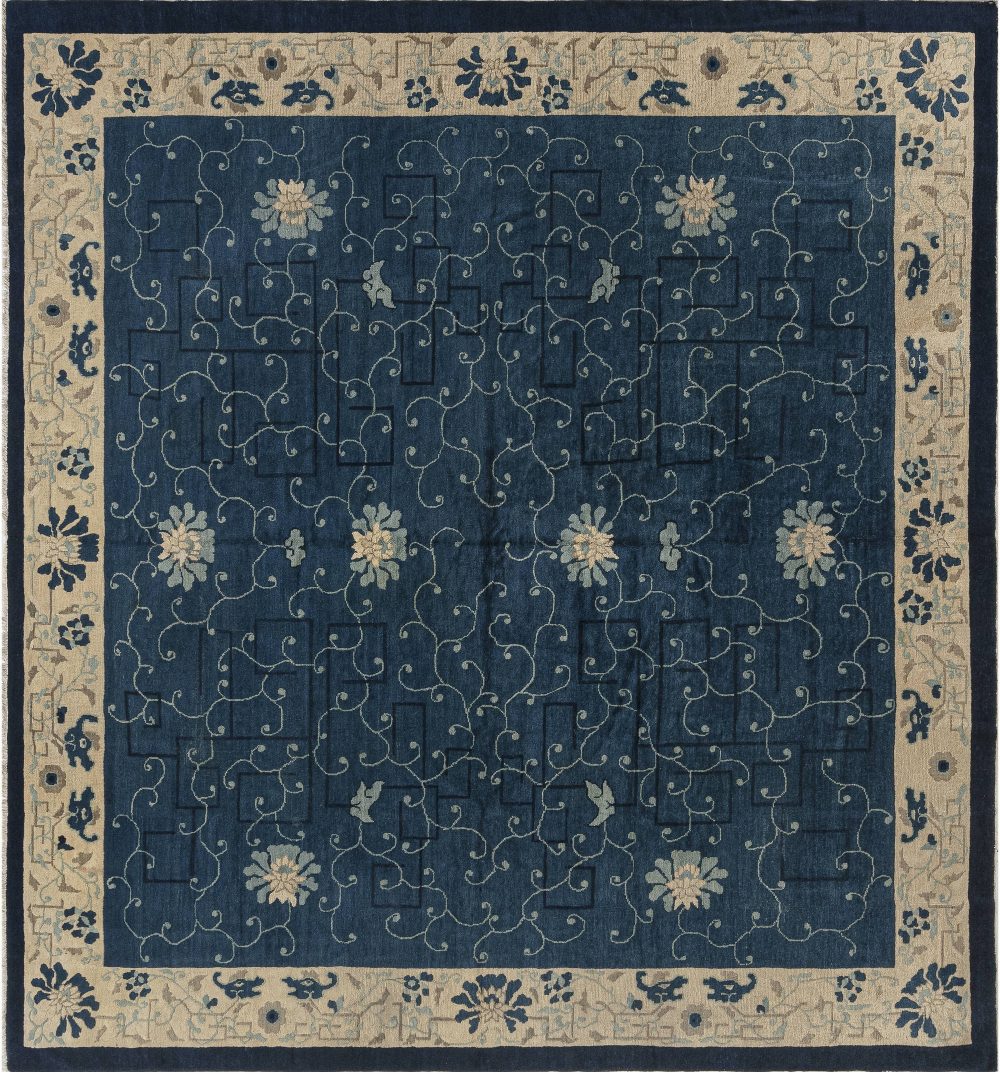 Vintage Chinese Indigo Blue and Ivory Handwoven Wool Carpet BB7533