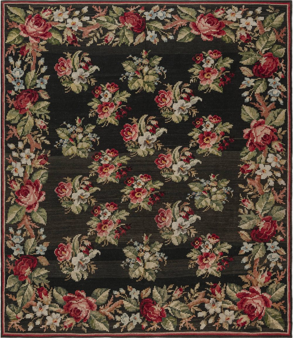 Antique Russian Bessarabian Botanic Black, Red, Green, Blue Rug BB7535