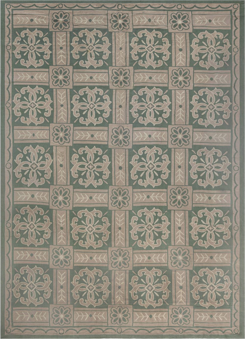 Authentic French Aubusson Green Beige Handmade Rug BB7545