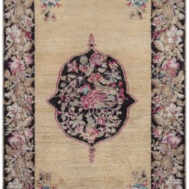 Oushak Turkish Antique Floral Medallion Soft Beige Hand-Knotted Wool Rug – Circa 1920 Paisley Design BB8939