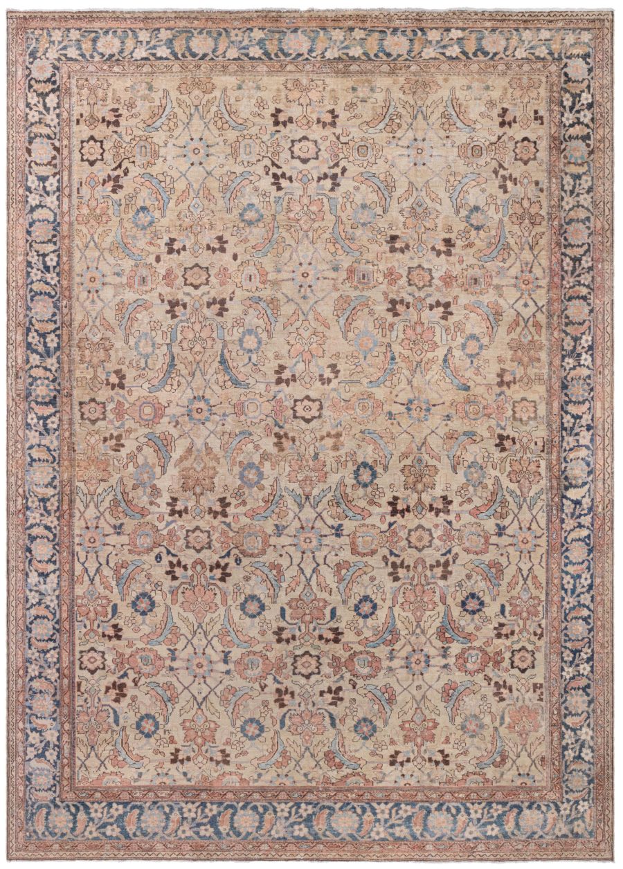 Neutral Beige Soft Blues and Pinks Antique Persian Malayer Rug BB8567