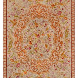 Antique Allover Floral Needlework Wool Carpet In Soft Beige – Circa 1880 BB8516