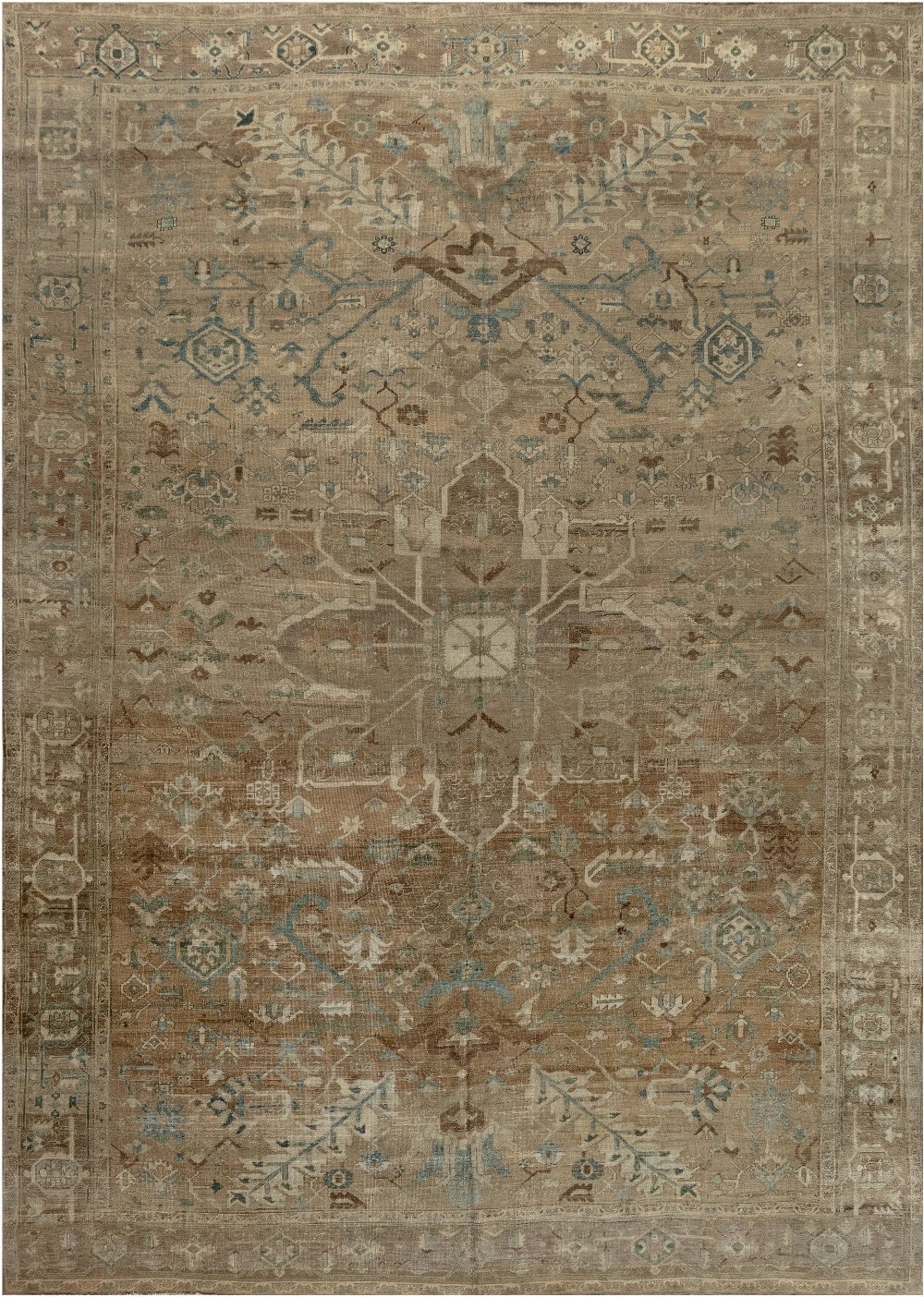 19th Century Persian Heriz Brown, Soft Blue and Cream Rug BB7193