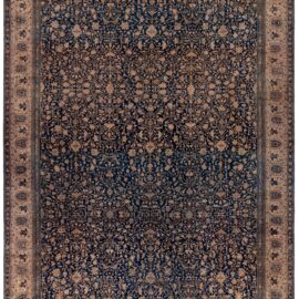 Kashan Persian Antique Floral Allover Navy Blue With Warm Tan Hand-Knotted Wool Rug – Circa 1880 BB9027