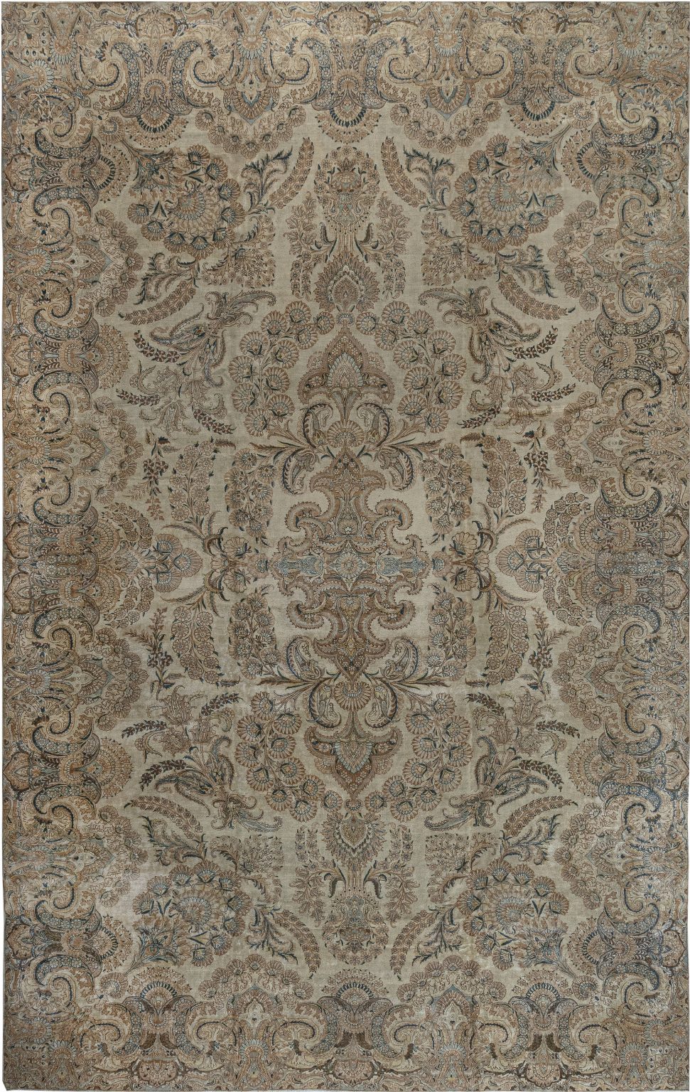Antique Botanic Persian Kirman Beige, Brown, Blue Handmade Wool Rug BB7513