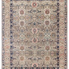 Midcentury Persian Tabriz Copper, Beige, Salmon and Inky Blue Handmade Wool Rug BB6097