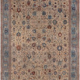 Antique Tabriz Persian Floral Allover Cream Beige Hand-Knotted Wool Rug – Circa 1880 BB8774