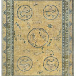 Chinese Vintage Geometric Pale Sand Hand-Knotted Wool Rug With Imperial Dragons And Auspicious Motifs BB3807