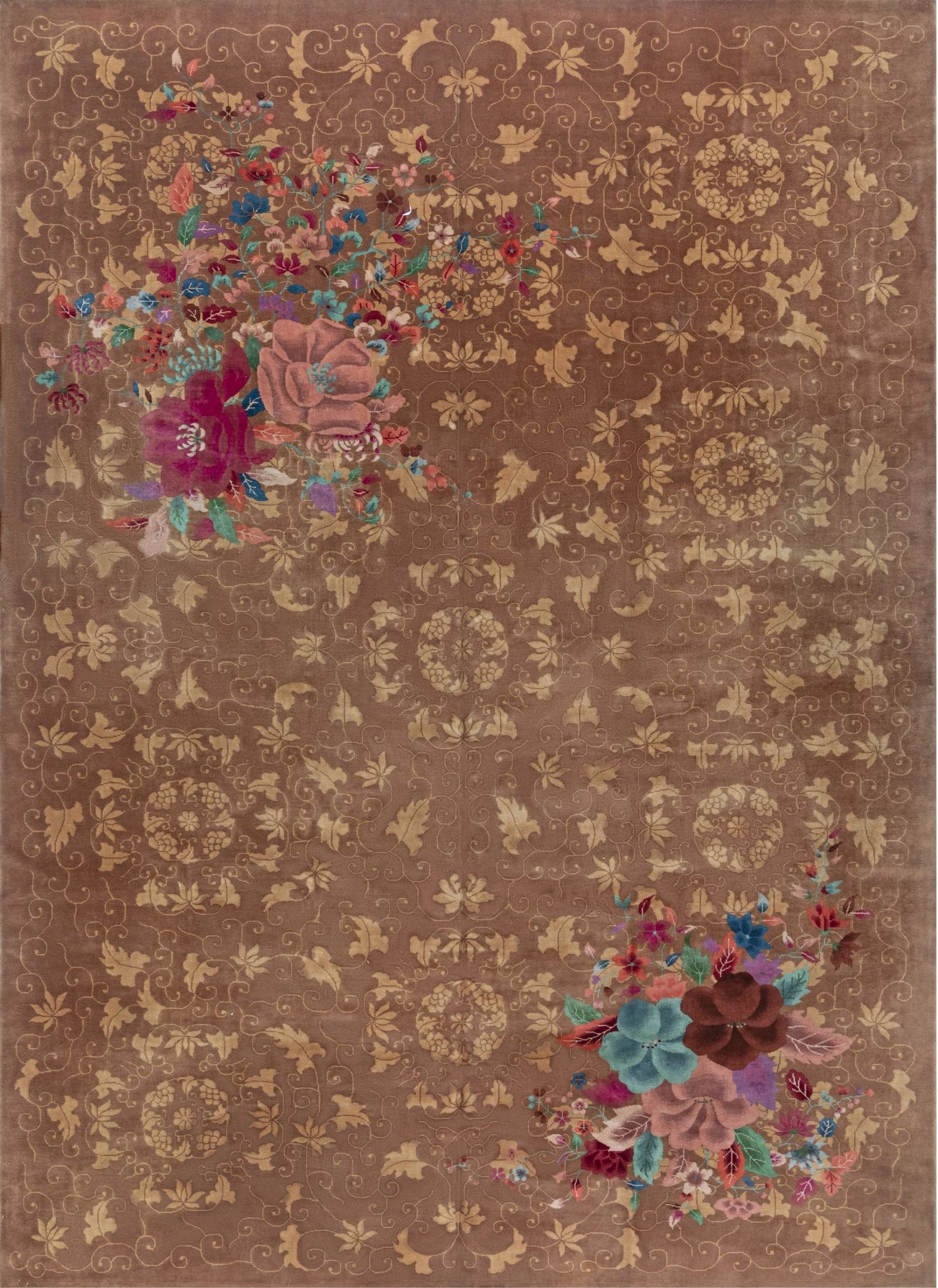 Vintage Chinese Art Deco Brown, Red, Green, Purple, Blue Handmade Wool Rug BB3350