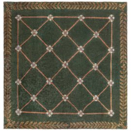 Savonnerie French Antique Allover Floral Geometric Forest Green Hand-Knotted Wool Carpet – Circa 1870 BB3780
