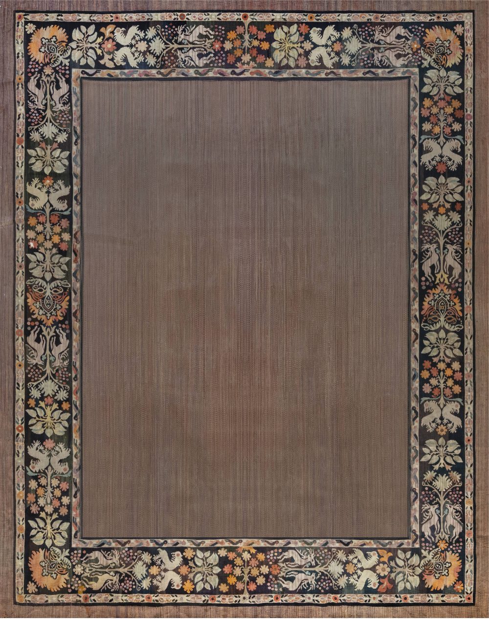 Early 20th Century Aubusson Animal Botanic Brown, Purple Handmade Wool Rug BB7082