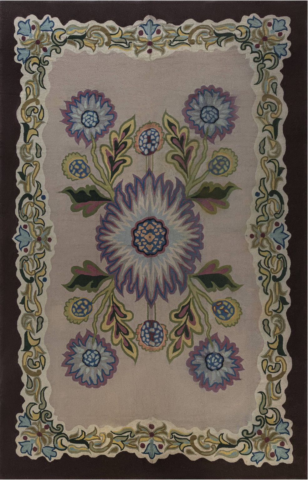 Midcentury Ivory with Lilac Flower-Head Hooked Wool Rug BB7401