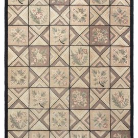 Vintage American Hooked Floral Soft Beige Hand-Knotted Wool Carpet Patchwork BB4339