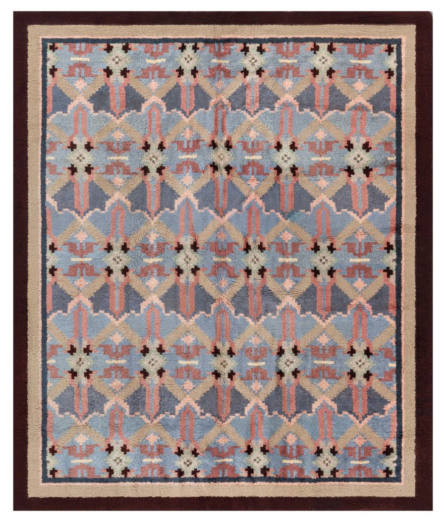 One-of-a-kind French Art Deco Blue, Rose, Beige, Brown Handmade Wool Rug BB4731
