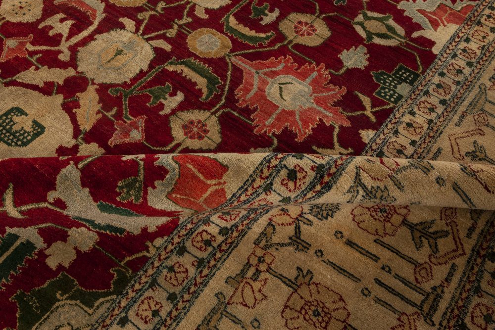 Fine Antique Indian Agra Red Botanic Handmade Wool Rug BB4353