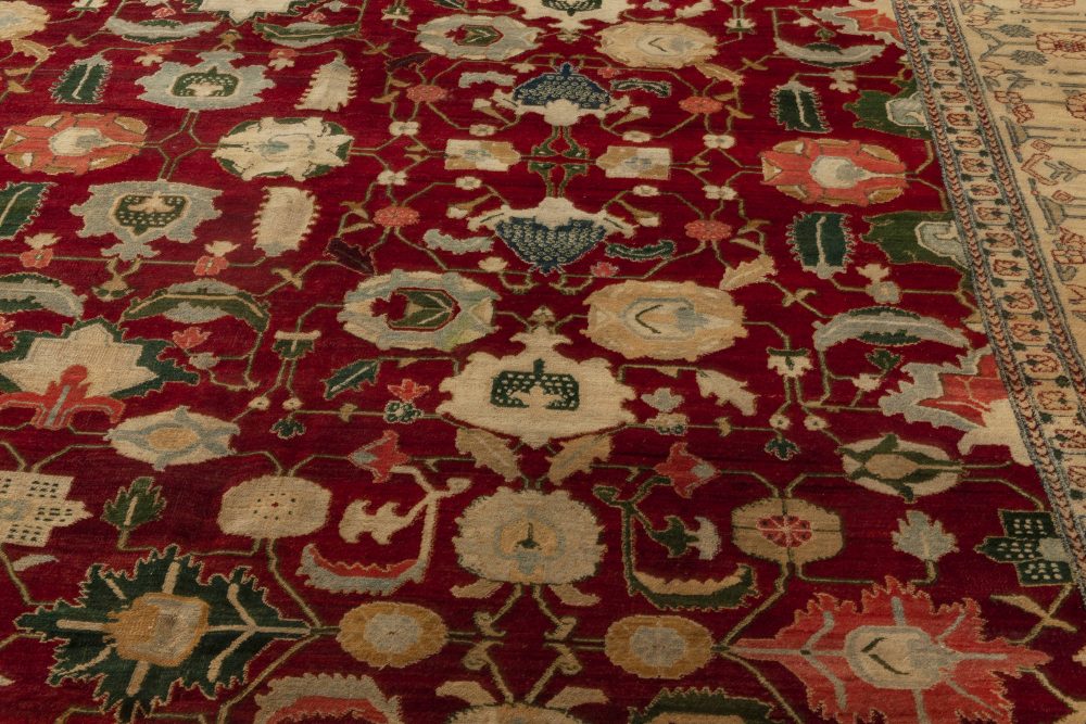 Fine Antique Indian Agra Red Botanic Handmade Wool Rug BB4353