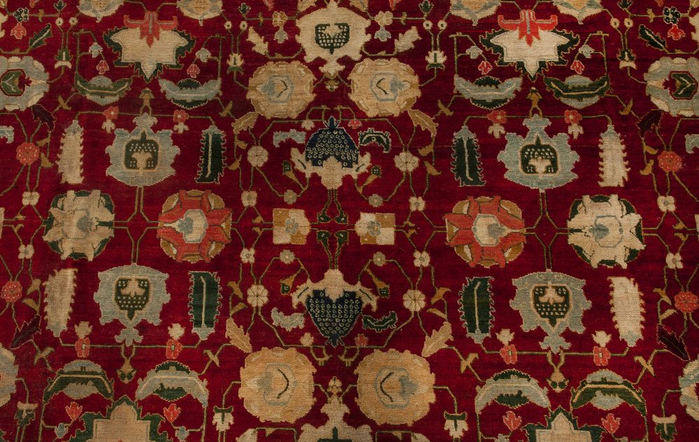 Fine Antique Indian Agra Red Botanic Handmade Wool Rug BB4353