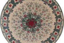 Circular Green, White and Red Handwoven Wool Rug by Paule Leleu BB4792