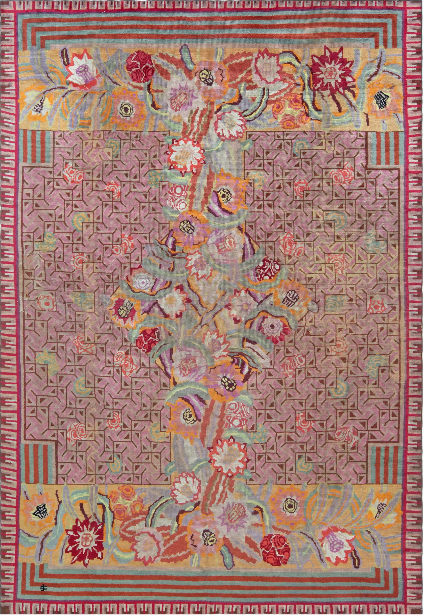 Vintage French Art Deco Floral Lavender Hand-Knotted Wool Carpet By Jules Coudyser BB1263
