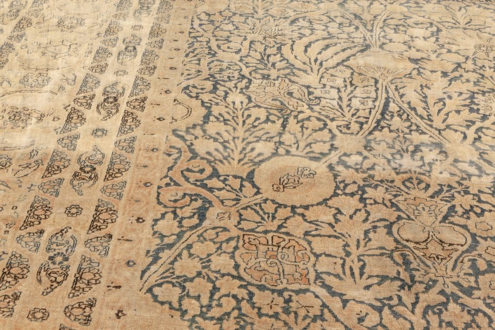 Antique Blue and Beige Persian Kirman Handwoven Wool Rug BB3502