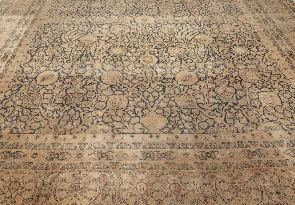 Antique Blue and Beige Persian Kirman Handwoven Wool Rug BB3502