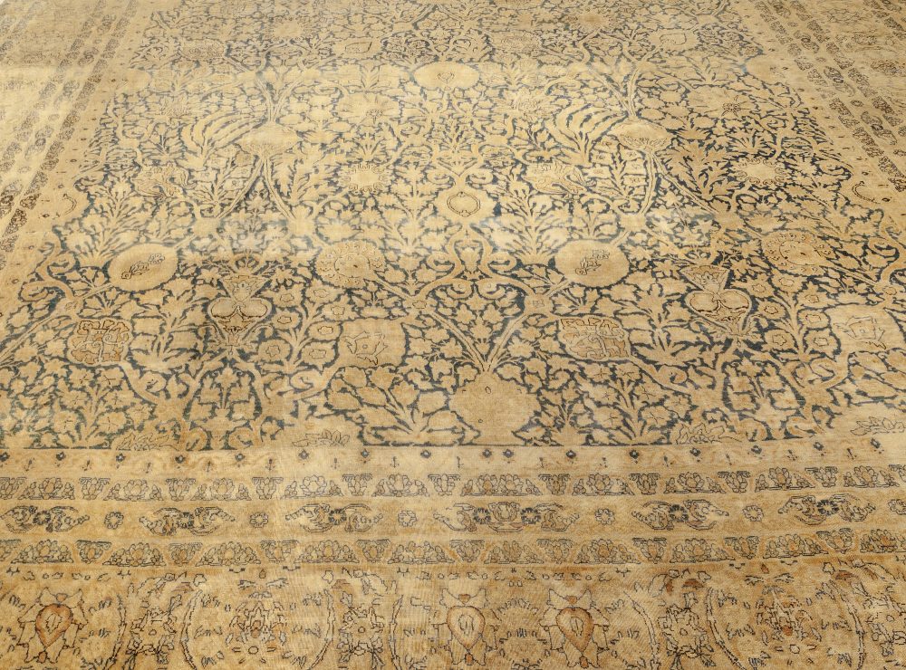 Antique Blue and Beige Persian Kirman Handwoven Wool Rug BB3502