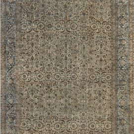 Oversized Kirman Persian Antique Floral Allover Cream Beige Hand-Knotted Wool Rug – Circa 1900 (Size Adjusted) BB7142