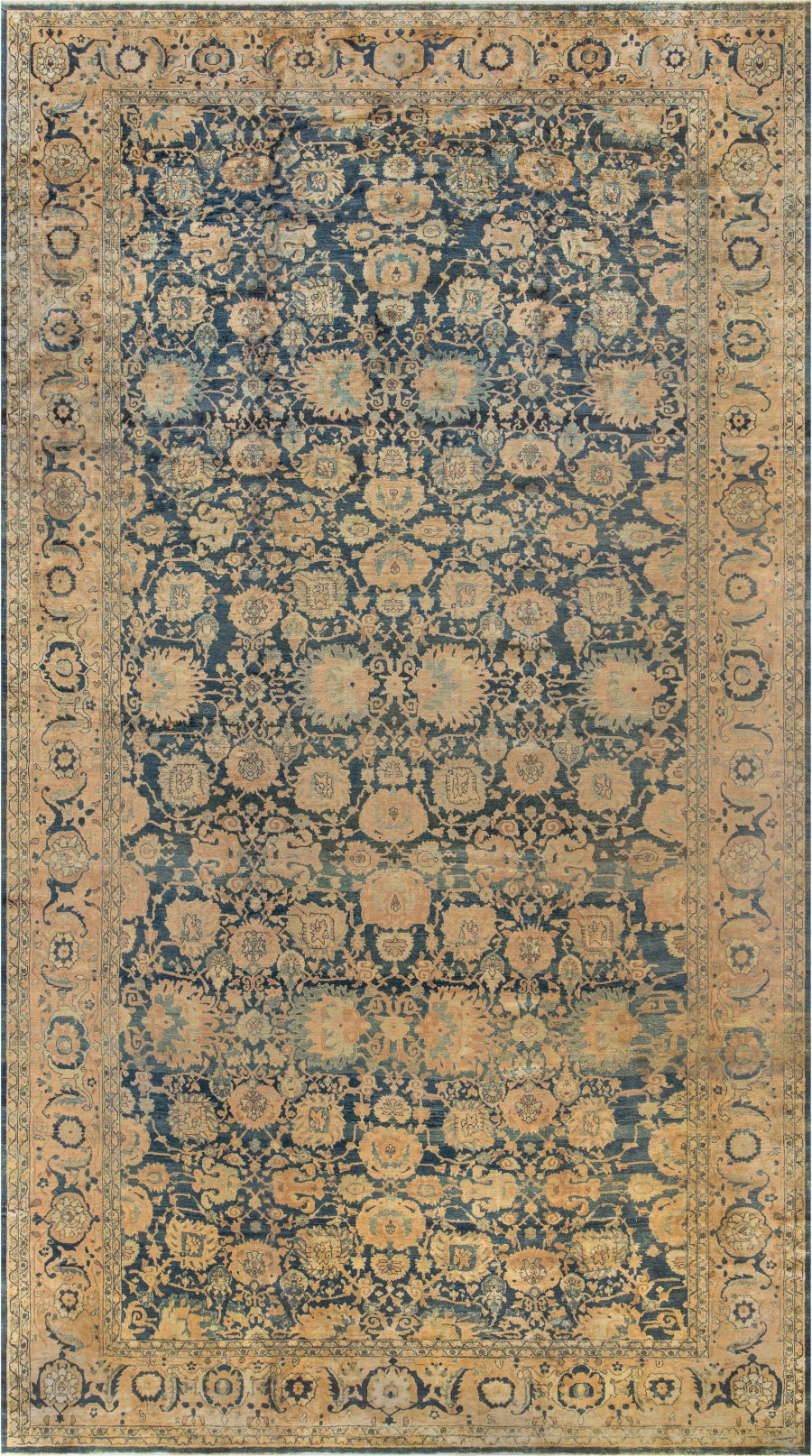 Antique Persian Sarouk Botanic Navy Blue Background Handmade Wool Rug BB2673
