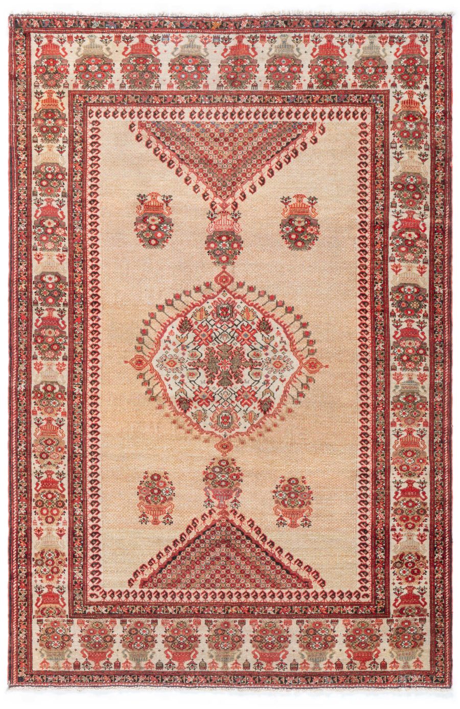Authentic 19th Century Sarouk Handmade Wool Rug in Beige, Orange and Red BB4198