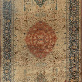 Antique Tabriz Persian Medallion Floral Soft Beige Hand-Knotted Wool Rug – Circa 1900 BB0642