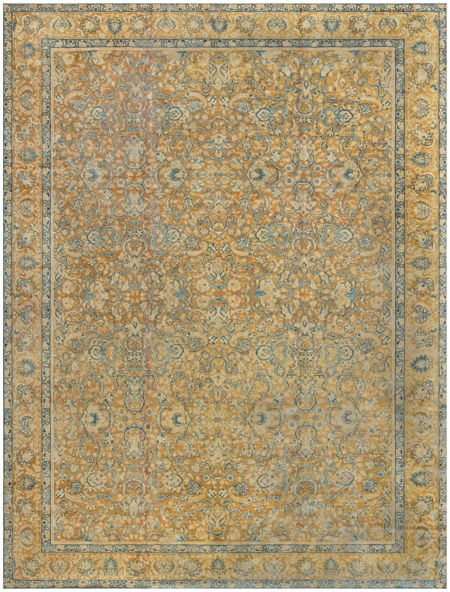Antique Persian Tabriz Yellow, Blue Handmade Wool Rug BB3824