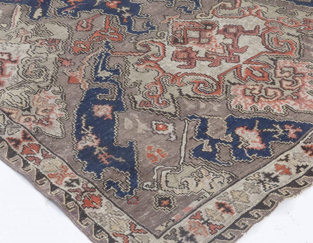 19th Century Russian Bold Design, Taupe, Blue, Beige, Orange Kilim Rug BB4287