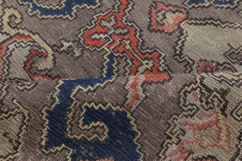 19th Century Russian Bold Design, Taupe, Blue, Beige, Orange Kilim Rug BB4287