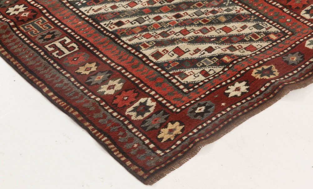 19th Century Caucasian Ivory, Red and Black Hand Knotted Wool Runner BB2779