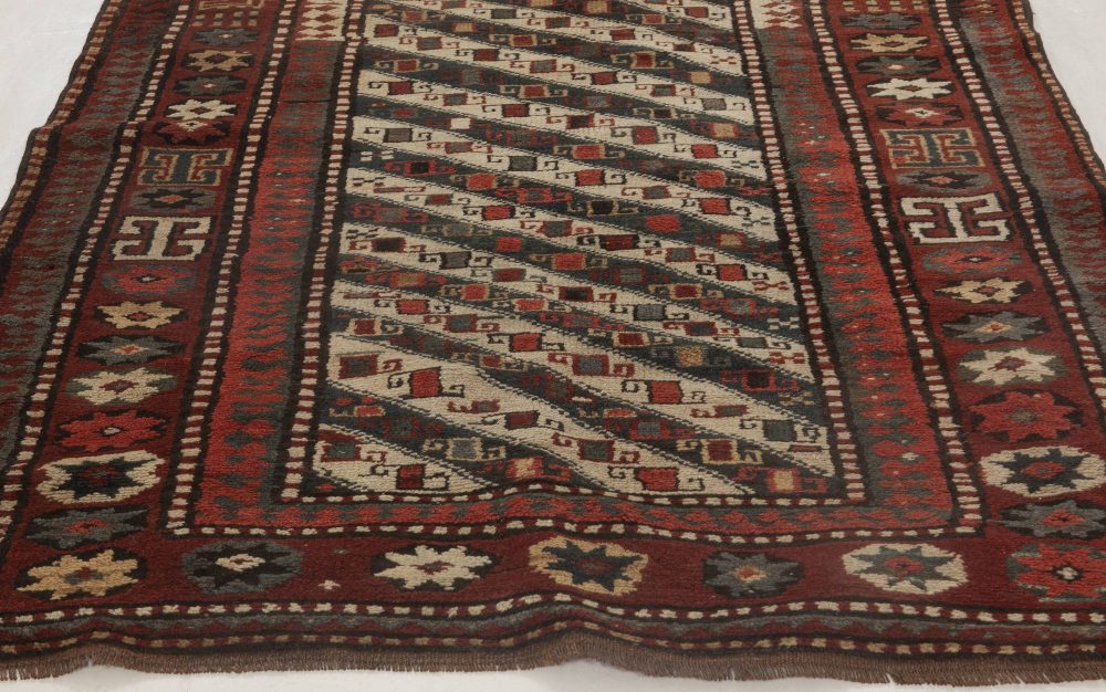 19th Century Caucasian Ivory, Red and Black Hand Knotted Wool Runner BB2779