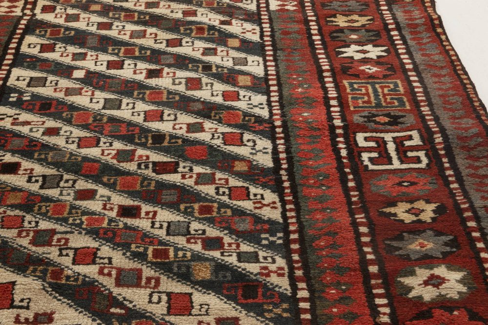 19th Century Caucasian Ivory, Red and Black Hand Knotted Wool Runner BB2779