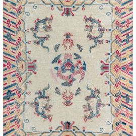 Vintage Chinese Abstract Cream Beige Hand-Knotted Silk Rug Dragon Design BB2983
