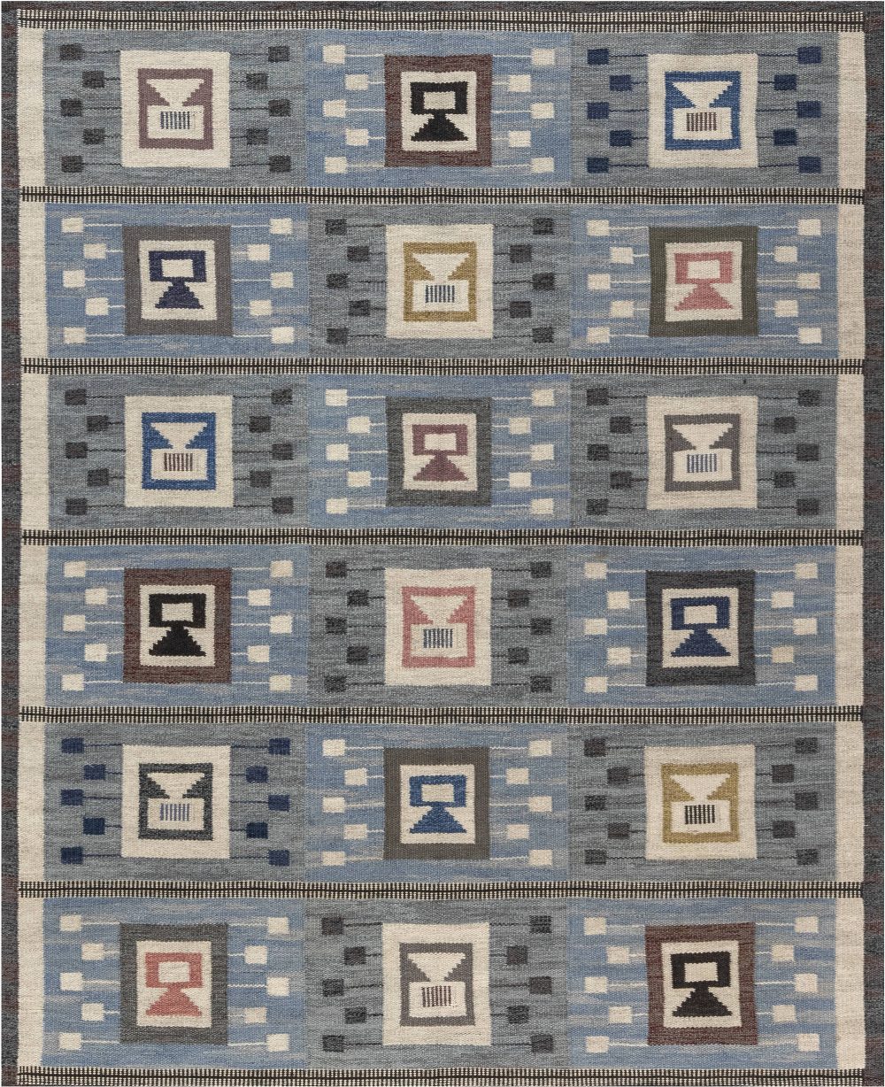 Midcentury Blue Flat-Woven Wool Swedish Rug by Edna Martin BB4722