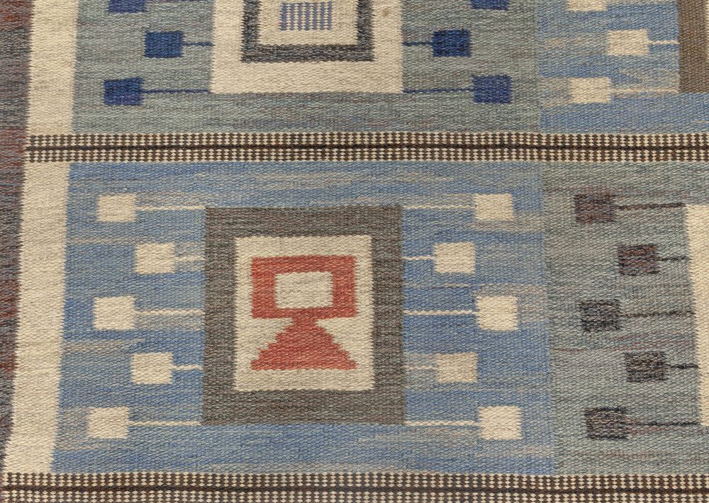 Midcentury Blue Flat-Woven Wool Swedish Rug by Edna Martin BB4722