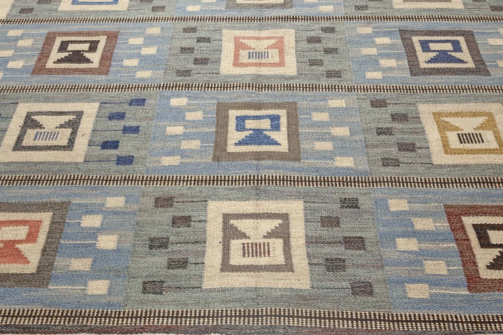 Midcentury Blue Flat-Woven Wool Swedish Rug by Edna Martin BB4722