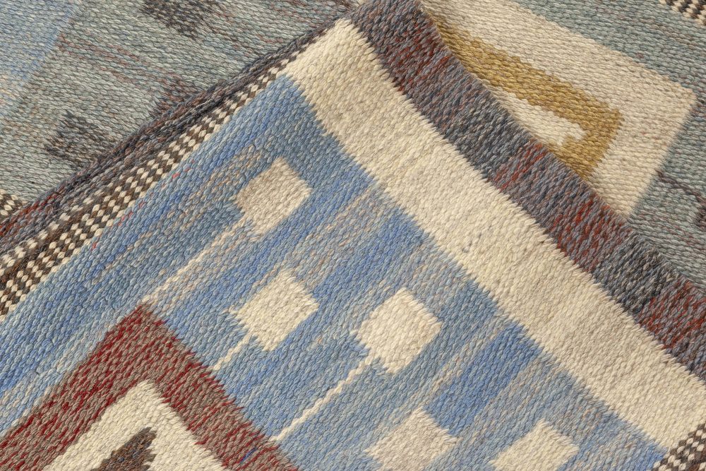 Midcentury Blue Flat-Woven Wool Swedish Rug by Edna Martin BB4722