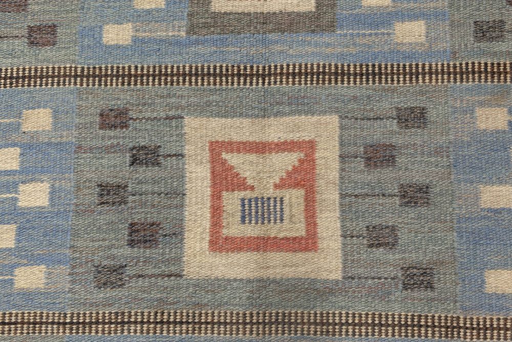 Midcentury Blue Flat-Woven Wool Swedish Rug by Edna Martin BB4722