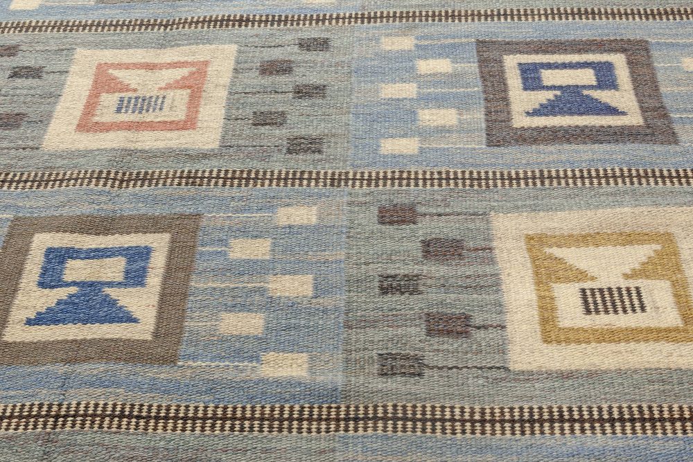 Midcentury Blue Flat-Woven Wool Swedish Rug by Edna Martin BB4722