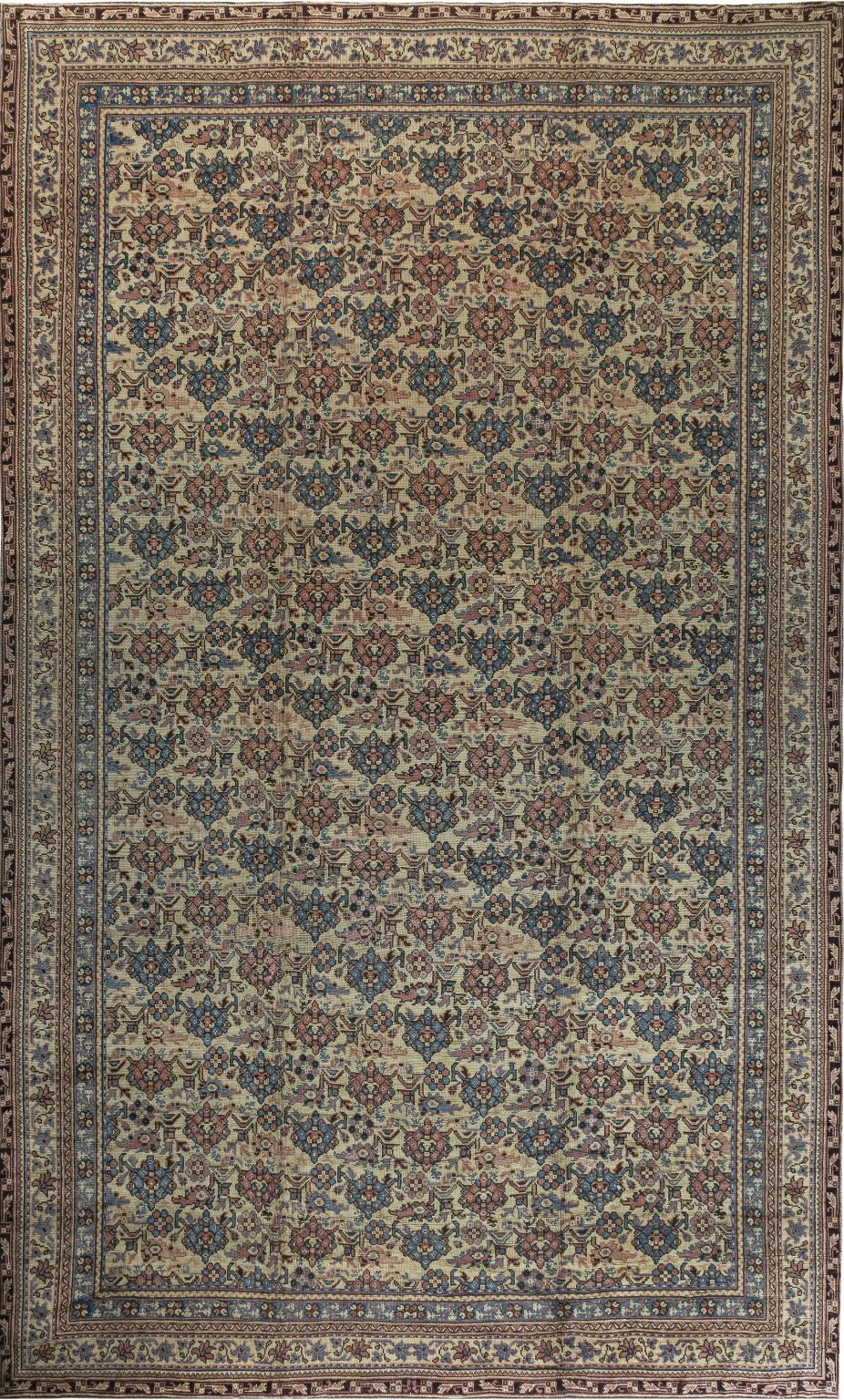 Authentic 1900s Turkish Oushak Botanic Blue, Beige, Pink Handmade Wool Carpet BB7394