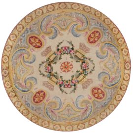 Spanish Vintage Floral Cream Beige Hand-Knotted Wool Rug BB7722