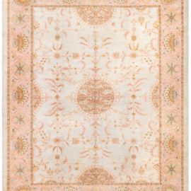 Antique Oushak Turkish Floral Medallion Cream Hand-Knotted Wool Carpet – Circa 1900 BB7522