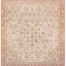 Oushak Turkish Antique Floral Medallion Light Beige Hand-Knotted Wool Carpet – Circa 1900 BB8695