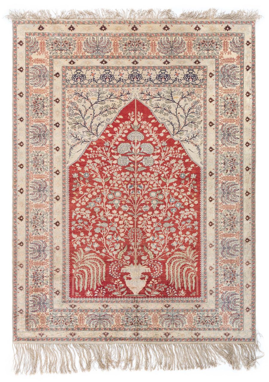 Early 20th Century Turkish Ruby Red, Beige, Gray and Black Handmade Silk Rug BB5477